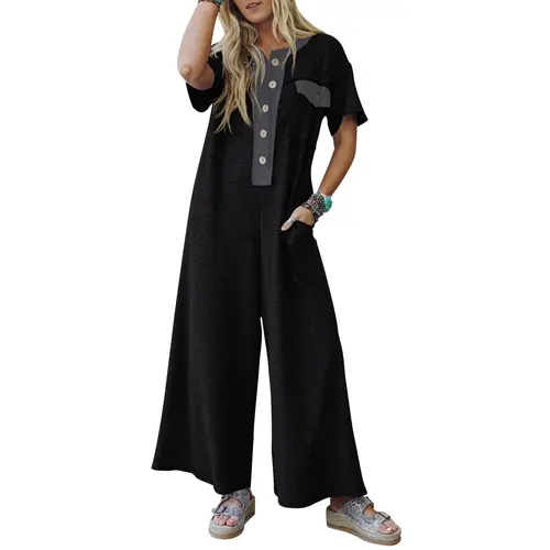 Fisoew Womens Casual Loose Jumpsuits Short Sleeve V-Neck Button Down One Piece Outfits Wide Leg Summer Long Pant Rompers with Pockets #Springtok #TikTokShopJumpstartSale