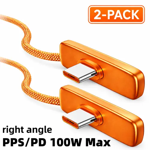 2-Pack Durable Braided 90° Right Angle USB-C Connector Fast Charging Cable for Samsung Galaxy S24 Ultra, S23 Ultra, Z Fold 6, Galaxy Tab, Android Mobile Devices - PD/PPS Compatible, Up to 100W Gaming Charger