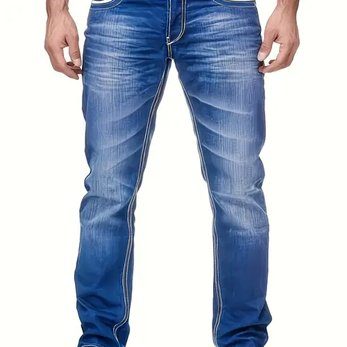 Men's Vintage Washed Straight Leg Jeans with Slant Pockets and Button Fly Closure, Suitable for All Seasons