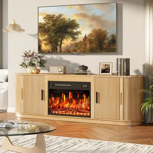 PUKAMI 70in Fluted Modern Wood TV Stand - 23in Electric Fireplace, 60in-Compatible Entertainment Unit for TVs Up to 80in, Curved Edge, Sliding Doors, Modern Living Room Furniture, Entertainment Tv Stand, Built In Tv Stands & Multimedia Centres
