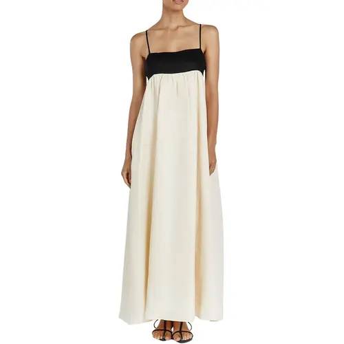 Chouyatou Women's Summer Color-Blocking Linen Dress Thin Straps Flowy Beach A-line Casual Long Dress