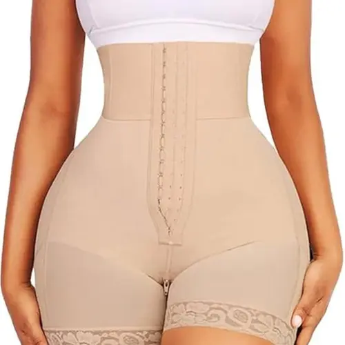 Women's Strapless Colombian Faja Body Shaper Shorts, Minimalist High Waist Shapewear with Tummy Control, Butt Lifter, Zipper Crotch & Lace Trim, Funny