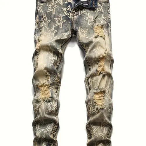 Men's star pattern vintage style straight leg jeans with zipper and button closure, featuring slant pockets and back pockets, suitable for all seasons