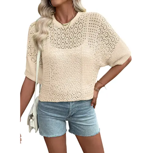 EVALESS Women's Crochet T Shirts Tops Crew Neck Short Sleeve Hollow Out Lace Lightweight Casual Knitwear Sweater Top 2026 Womenswear Summer Outfits Summervibes  Deals For You Days summer outfits,back to school,back to school shopping Fashion Ribbed