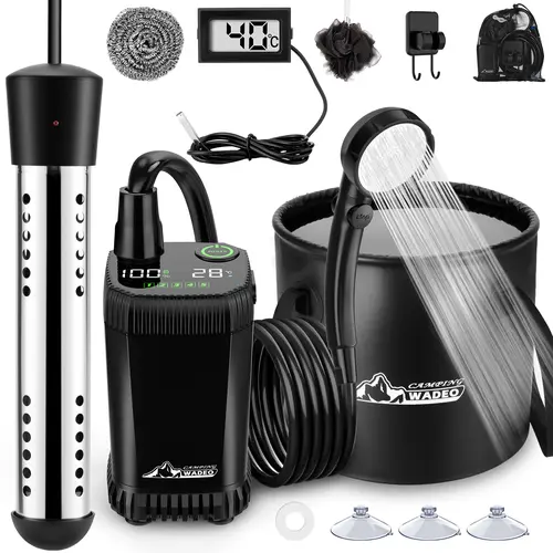 WADEO 2026 Upgraded Heated Portable Camping Shower - Camping Gear, Outdoor Bath, Rechargeable Portable System Showers with Intelligent LED Display, 5 Gal Foldable Bucket, 4 Spray Modes for Travel, Pet Bath