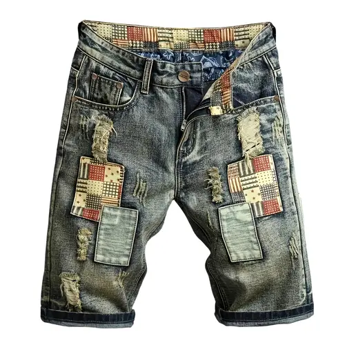 Distressed patchwork non-stretch denim shorts — bold retro summer casual bottoms