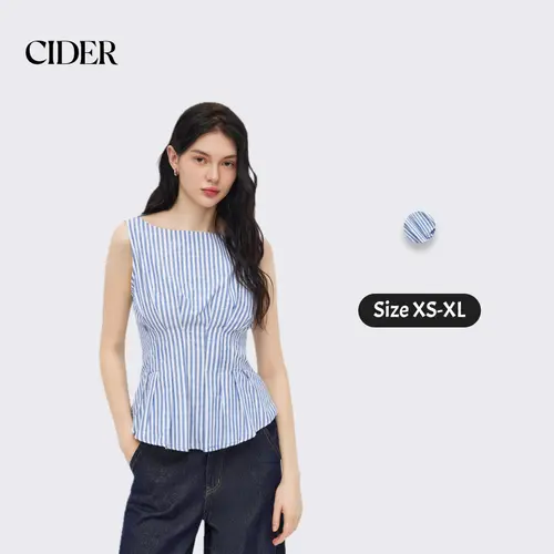 Cider Cotton-blend Boat Neck Stripe Pleated Tank Top Elegant Classy Camisole Tops SummerWins SummerFinds