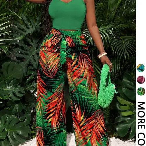 Two-Piece Women's Casual Bohemian Boho Elastic Stretch Tank Top & Loose Printed Wide-leg Pants Set, Comfortable and Stylish Matching Set, Outfit