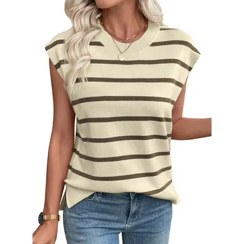 EVALESS T Shirt for Women Casual Striped Knitwear Tank Top Cap Short Sleeve Crewneck Trendy Sweater VestTops 2026 Womenswear Springtok Summer Outfits  Deals For You Days summer outfits,back to school,back to school shopping