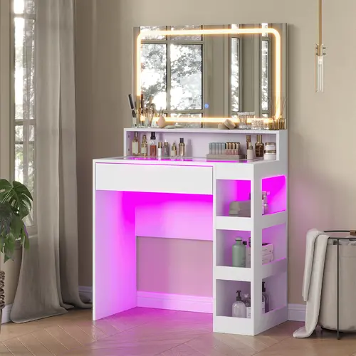 PUNICE Pink Makeup Vanity Set - Dream Vanity with Lighted LED Tempered Glass Top, 3 Color Modes, Stepless Dimming, Adjustable LED Bathroom Mirror, Power Outlet, Large Capacity Storage Shelves, High Brightness, Beauty Storage Solution, Led Bathroom Mirror