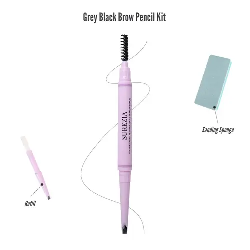 Grey Black Only SUREZIA Feather Edge Brow Pencil 3-in-1 Kit (Pencil + Refill + Sanding Sponge) Dual-Effect Tip for Two Looks