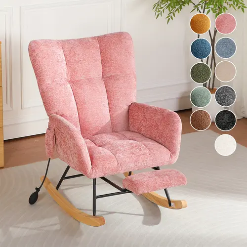 Nursery Rocking Chair with Manual Inflatable Back Cushion, With Footrest Chenille Fabric Upholstered High Backrest Comfy Nursing Chair and Side Storage Pocket, Accent Armchair for Living Room, Bedroom, Office