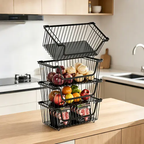 【Holiday Deals】San Dream 4 Tier Stackable Metal Storage Baskets Stackable Wire Storage Organizer Baskets Vegetable Fruit Basket Multi-Layer Cabinet Pull Out Bin for Renters Kitchen Bathroom Laundry Room