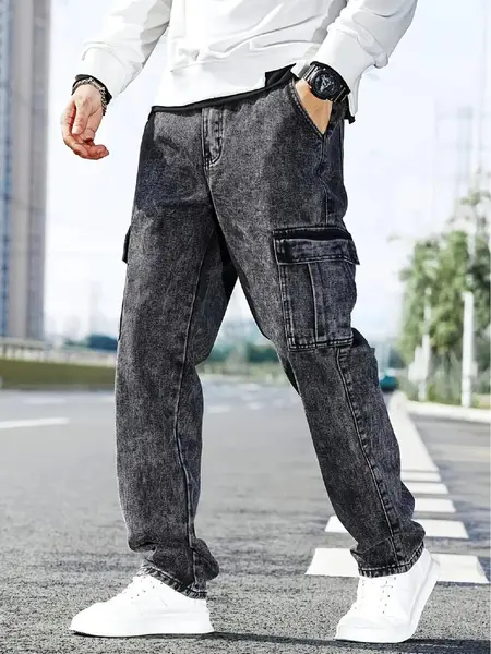 Menswear Washed Mid-Waist Straight Leg Denim Jeans - Streetwear Fit with Side Flap Pockets, All-Season Minimalist Pants, Men's Pants, Straight Leg Jeans, Basics, All-Season Men's Pants,clothes for back to school,first day of school outfits