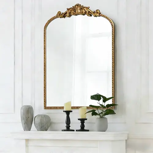 Gold Arched Vintage Mirror Baroque Ornate Antique Mirror For Fireplace Mantel Bathroom Entryway Wall Decor Classic Design DIY Elegant mirrors full length