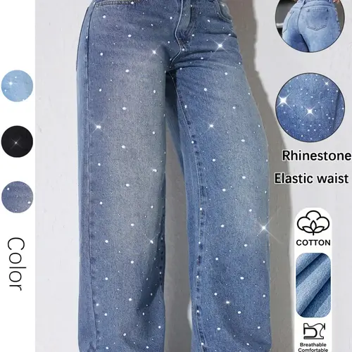 Women's Multi-Color Denim Wide-Leg Pants, Casual Loose-Fit Button Fly Jeans, Floor-Length Natural Waist Elastic, All Seasons
