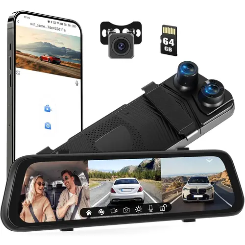 9.66" Touch Screen 3-Channel 1080P Rear View Mirror Dashcam for Cars - Wired Wi-Fi Triple Camera (Front, Rear, Inside) with 64GB Micro SD Card, G-Sensor, Night Vision, Reverse Assist, SummerVibes Father's Day Gift, Car Interior Accessory