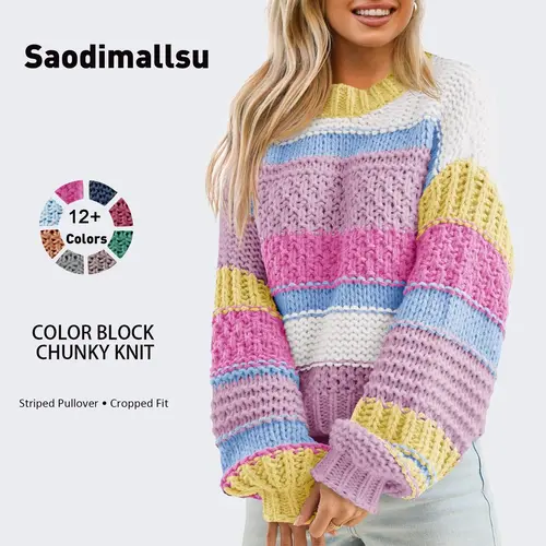 Saodimallsu Women's Rainbow Stripe Colorblock Knit Sweater - Chunky Acrylic, Fitted Medium-Length Long-Sleeve Round Neck Drop Shoulder Casual Pullover, Clothes for Women, Fitted Shape Flatters Your Waist, Jeans-to-Party Office-to-Picnic Top