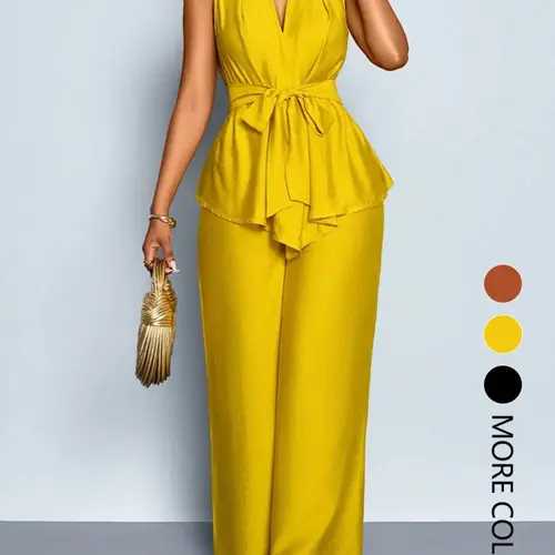 This women's summer casual two-piece set, Summer Outfit Set, with solid-color, belted V-neck sleeveless shirt and wide-leg trousers. The relaxed fit is perfect for warm weather loungewear set