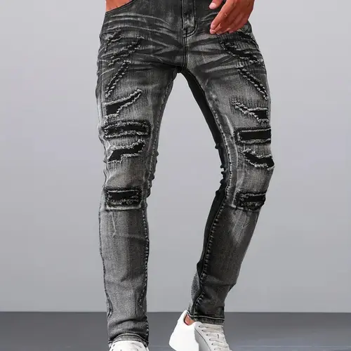 Men's Skinny Fit Denim Trouser - Distressed, Ripped, Patchwork, Stylish Funky Hole-Riddled, Plain Casual Urban Street Style Menswear Bottoms