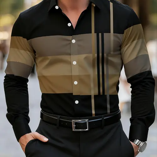 Men's Creative Print Long-Sleeve Collared Button Shirt, Fitted Business Casual Style for All-Season Wear, Collared Shirts