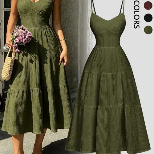 Elegant Plain Fitted Feminine Dress with Thin Straps and Layered Ruffle Waist, Medium-Length Casual Women's Dress, Lightweight and Comfortable Summer [midi dress]