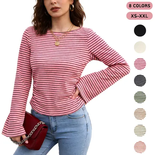SCUSTY Women's Striped Long Sleeve Crop Top, 2026 Autumn Y2K Going Out Shirt, Boat Neck Bell Sleeve Ruched Ribbed Stripe Blouse, 95% Cotton 5% Spandex High Stretch Casual Clothes