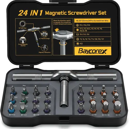 24-in-1 Magnetic Ratchet Screwdriver Set with Magnetic Tips & Ratchet Handle, Chrome Vanadium Steel Precision Tool Kit in Compact Portable Case for Home Repairs, Electronics, Ph/Sl/Torx/Hex/Pz