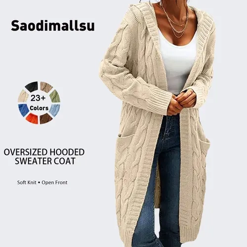 Saodimallsu Women's Fashion Basic Long Sleeve Knitwear, Open Front Hooded Cable Knit Solid Color Lightweight Cardigan Clothes