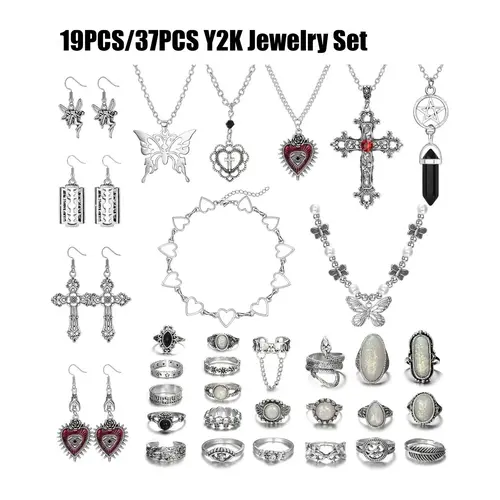 37Pcs/19Pcs Grunge Vintage Punk Necklace Jewelry Set Gothic Earrings Fairy Butterfly Boho Crystal Y2k Cross Pendent Butterfly Heart Choker Goth Stackable Knuckle Rings Adjustable Y2k Accessories for Women Men