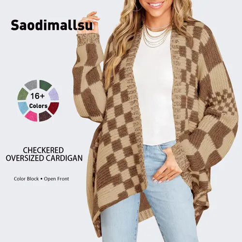 Saodimallsu Women's Loose Fitting Long Length Plaid Snap Cardigan - Oversized Open-Front Color-Block Long Sleeve Knit Sweater Coat for Casual Wear, Women's Tops, Knitwear