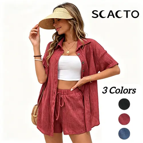 Scacto Women's 2-Piece Lady Loungewear Set - Basic Short Sleeve Spandex-Blend Casual Button Down Cardigan Top, Loose Woven Faux Linen Shorts, Minimalist Summer Style, Tops, Shortsleeve, Fabric, Pants, Polyester, Two Piece Sets