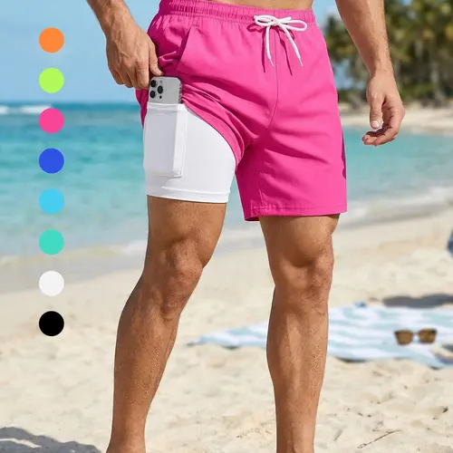 Mens 2 in 1 Board Shorts with Phone Pocket, Summer Casual Beach Shorts, Quick Dry Swim Shorts Swimming Shorts Swim Trunks Swim Bottoms with Side Pockets Drawstring Elastic Waistband Swimwear Swimsuit Bathing Suit