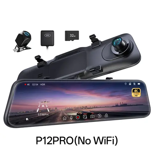 Pelsee 4K Mirror Dash Cam, 12'' Rear View Mirror Camera, Front and Rear Camera with Free 32GB Memory Card, Voice Control, Smart Driving Assistant w/ADAS and BSD,Night Vision,Parking Monitoring
