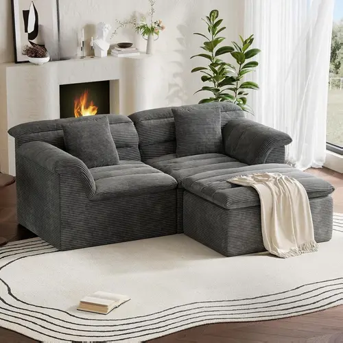 COPIAE 81-88" Boneless L-Shape Sectional Couch with Ottoman, Corduroy Fabric Sofa with 27" Deep Seat & Curved Arms, Modern Minimalist Sofa with Dual-Layer Upholstered Cushions, No-Assembly Required for Living Room