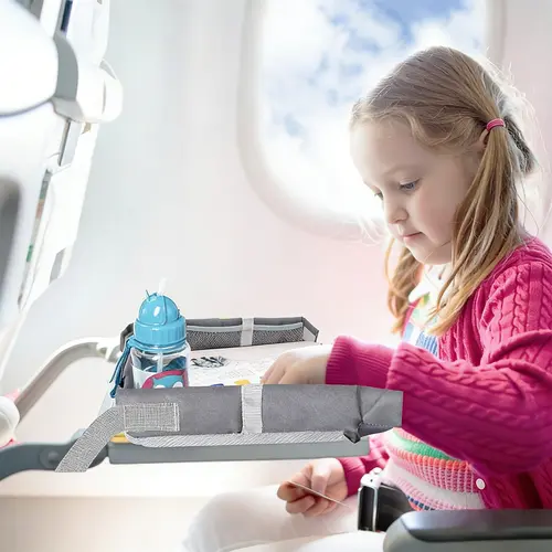 Kids Car Seat Travel Activity Table, Multi-Functional Organized Storage Compartment Tray for Airplane, Vehicle & Home Use, Child-Friendly Design