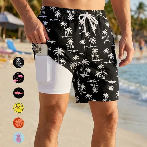 Men's All-Over Print 2-In-1 Beach Shorts, Quick Dry Swim Trunks, Lightweight Beach Trunks, With Phone Pocket and Side Pockets, Drawstring Elastic Waistband, Summer Casual Swimwear Beachwear, Breathable Swim Shorts, Swimming Shorts