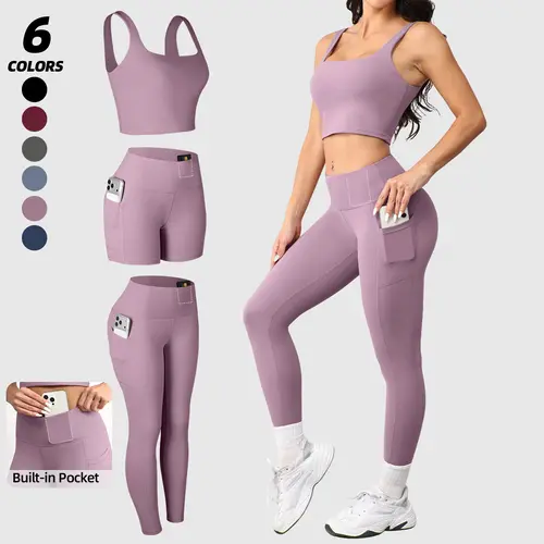 CHRLEISURE 3 Piece Workout Sets for Women High Waisted Leggings with Pockets Tummy Control Biker Shorts Yoga Sports Bra Solid Color Sportswear Gym Outfits