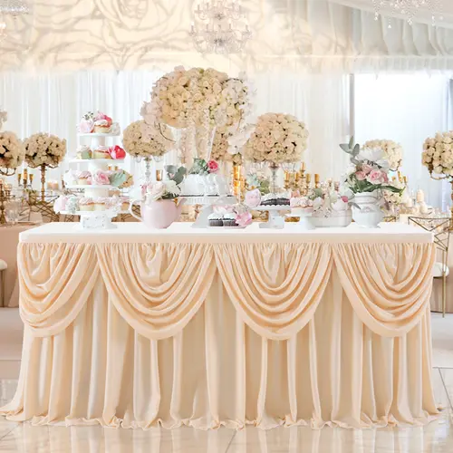Classic Satin Double Drape Table Skirt - Front-Only Coverage for 6/9FT Rectangle & Round Tables, Adhesive Pleated Wedding Centerpiece & Party Decoration Supplies for Event Decor