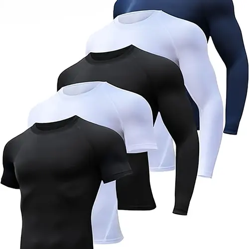 Men's 5-Piece Compression Sportswear Set - Gym Outfits Fitness Clothing Athletic Sportswear Exercise Clothing Set with Slim-Fit Short-Long Sleeve Compression Shirts, Black/White/Navy for High-Intensity Training