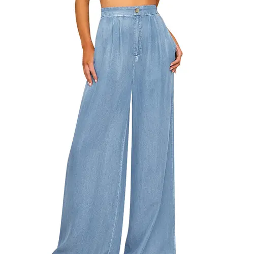 GRAPENT Women's High Waisted Wide Leg Jeans Palazzo Pants Lightweight Summer Beach Flowy Trousers Y2K Tencel Fabric Side Pockets Zipper Closure