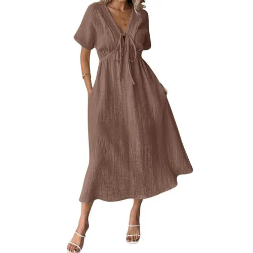Chouyatou Women's Lightweight Summer Cotton Dress V-Neck Bohemian Casual Loose Short Sleeve Drawstring Beach Dress with Pockets