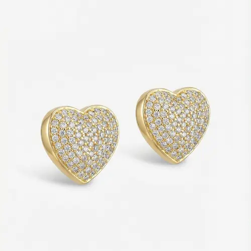 Women's Hypoallergenic Heart-Shaped Stud Earrings - Copper Plated (Copper Plating Supports Lasting Shine), Micro-Paved Zircon & Rhinestones, Gold & Silver Tones, Daily Shine Studs, Casual Daily Wear, Heart Theme, Sweet Style, with Exquisite Jewelry Box