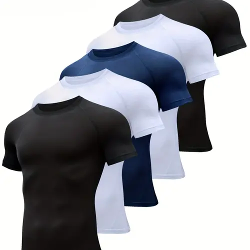 Men's 5-Piece Slim-Fit Short-Sleeve Crew Neck Compression Shirts Set - Versatile Sportswear, Menswear for Athletes, Athletic Top for Fitness, Daily Activities (Black, White, Navy), Slim Fit T Shirt