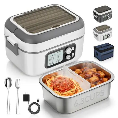 Yofidra Cordless Heated Lunch Box - 24000mAh 100W Electric Leakproof Insulated Lunchbox with Smart Timer, 6.3-Cup Multi-Compartment, Black Stainless Steel Tableware, Portable Food Warmer Bag for Office, Long Road Trip,home essentials