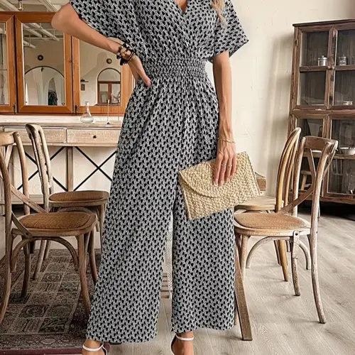 New Casual Boho Vacation Cross V-Neck Cinched High Waist Slimming Fit Geometric Jumpsuit, European and American Style, Women's Fashion One-Piece Pants