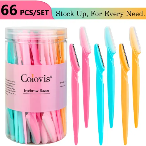Colovis 66pcs Dermaplaning Razors for Personal Grooming - Stainless Steel Blades, Protective Covers, Lightweight Handle, Plastic Storage, Shave Gently for Eyebrow to Body Hair Removal (Adults)