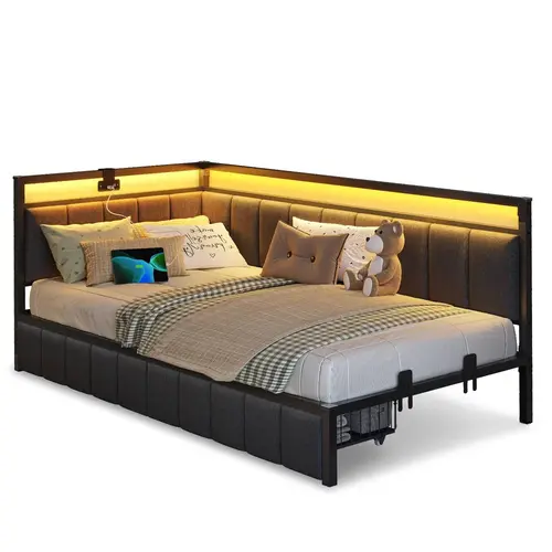SIKAIC Twin Upholstered Daybed with LED Lights & Charging Station, Grey Fabric Bed Frame with Storage Drawers and Sofa-Style Design