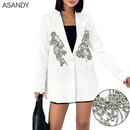 ASANDY Women's Elegant Floral Crystal Embroidered Blazer, Oversize Long Sleeve Single Button Formal Top for Lady's Evening Dress, Wedding, Full Sleeves, Hand Embellished Crystal Women's Casual Jackets, Ornate Embellished Women's Casual Jackets, Embroidere