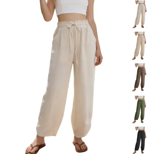 Tanming Capri Pants, Women's Comfy Bohemian Chic Wide Leg Linen Bottoms with Elastic Drawcord and Side Pockets, Linen Pants Women, Baggy Capri Pants